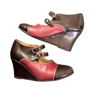 GIRAUDON France Burgundy Black Leather Wedge Heel Mary Jane Shoes 38
